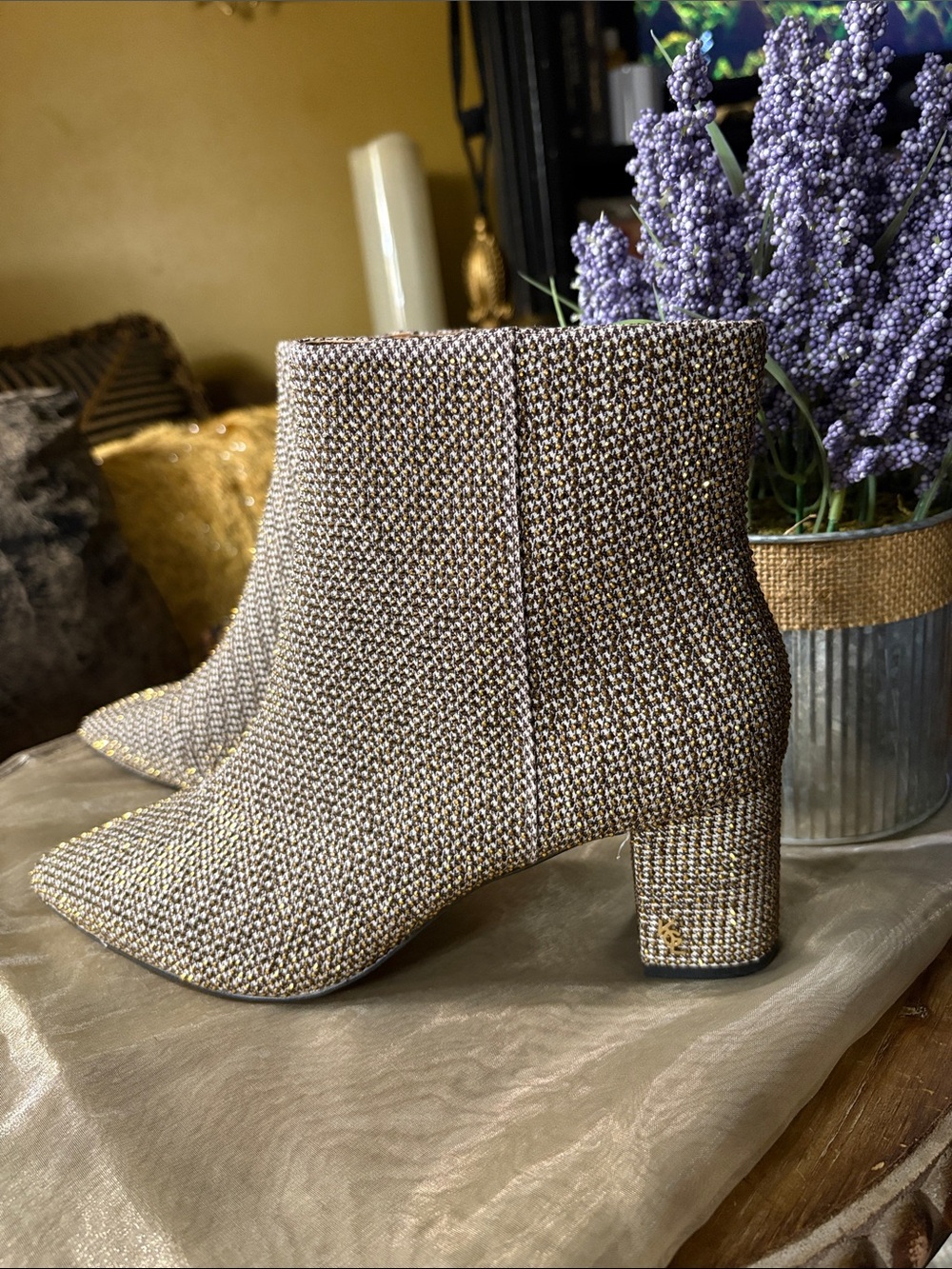 Stuart Weitzman Tweed Pointed Toe Ankle Boots in Beige Mix